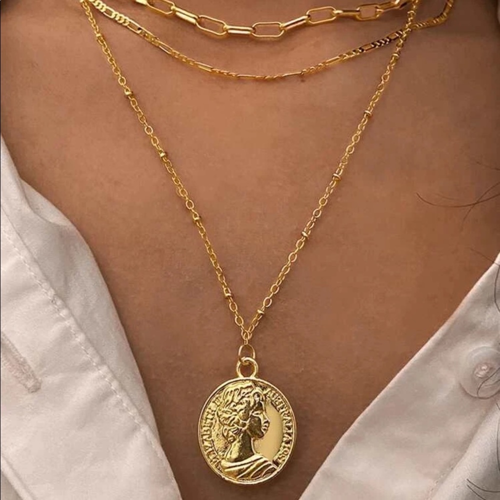 European Empire Coin Medallion Pendant Charm Gold Chain Layered Layer Necklace
